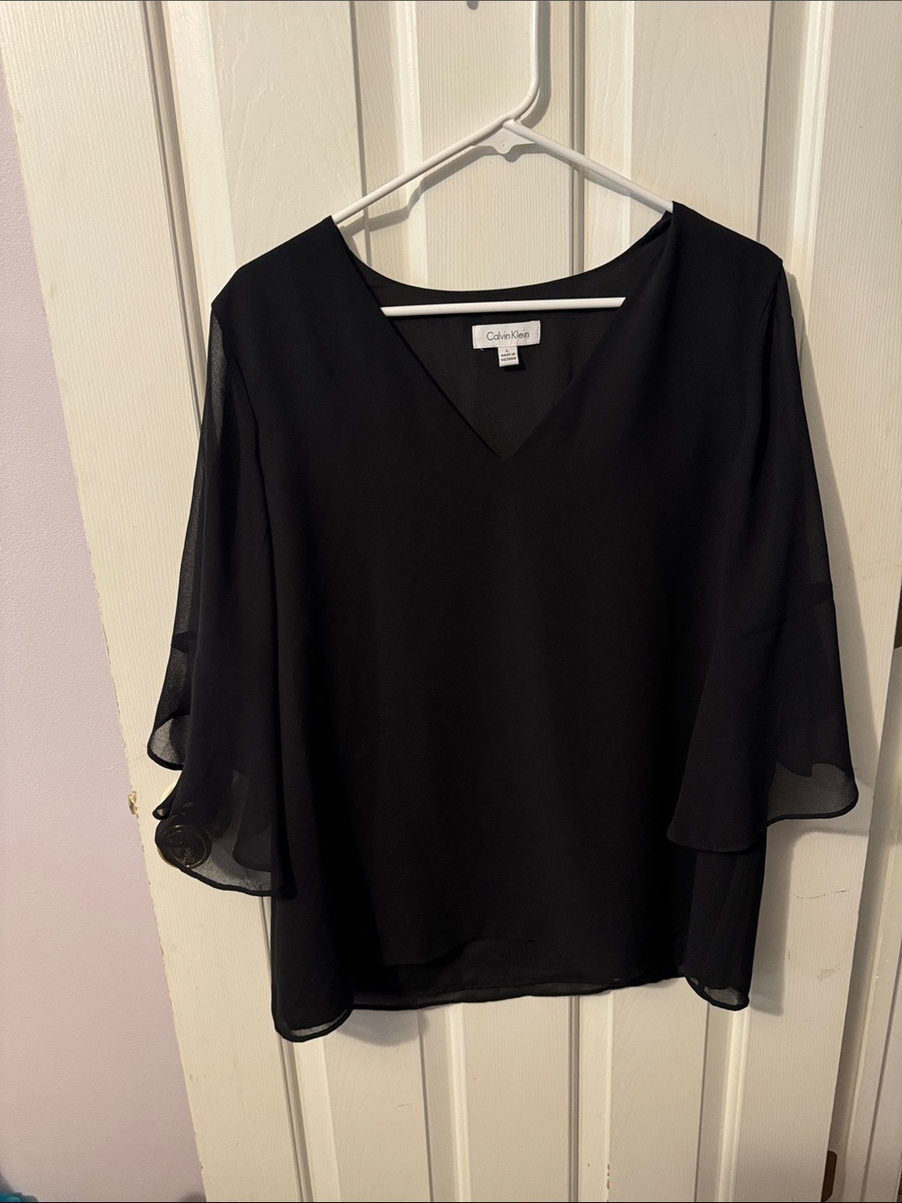 Calvin Klein Black V-Neck Chiffon Bell Sleeve Top